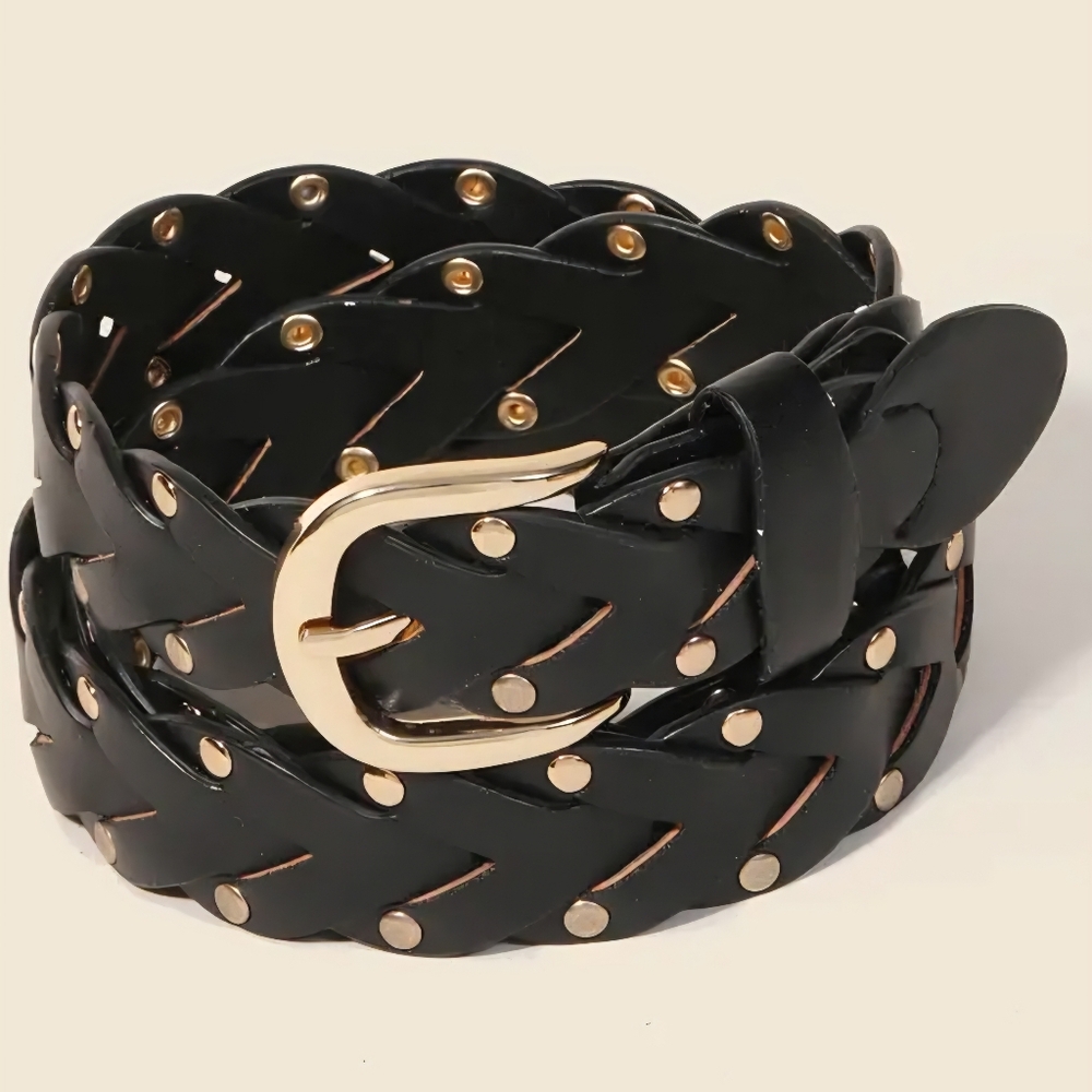 Gold-Studded Black Braided Faux Leather Belt for Women